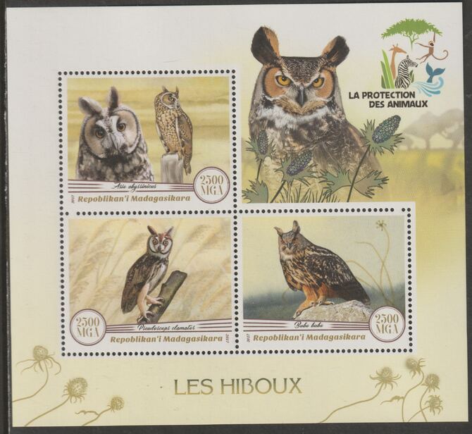 Madagascar 2017 Owls perf sheet containing three values unmounted mint, stamps on , stamps on  stamps on birds, stamps on  stamps on owls, stamps on  stamps on birds of prey