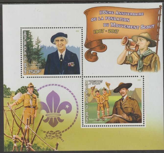 Benin 2017 Scout Anniversary perf sheet containing two values unmounted mint, stamps on , stamps on  stamps on scouts