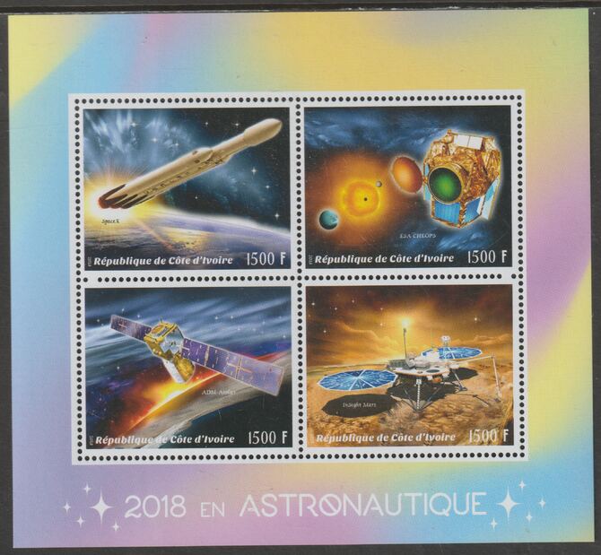 Ivory Coast 2018 Astronautics  perf sheet containing four values unmounted mint, stamps on , stamps on  stamps on space, stamps on  stamps on rockets, stamps on  stamps on satellites