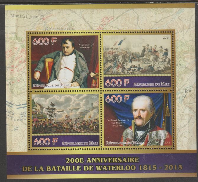 Mali 2015 Battle of Waterloo - 200th Anniversary perf sheet containing four values unmounted mint, stamps on waterloo, stamps on battles, stamps on napoleon