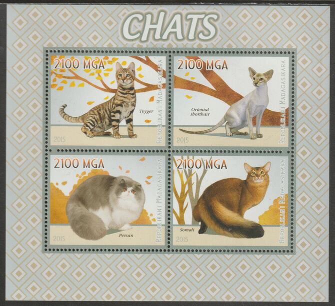 Madagascar 2015 Domestic Cats perf sheet containing four values unmounted mint, stamps on cats