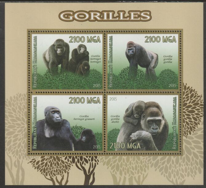 Madagascar 2015 Gorillas perf sheet containing four values unmounted mint, stamps on animals, stamps on gorillas, stamps on apes