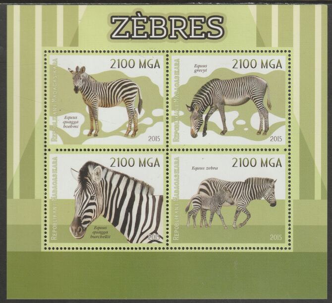 Madagascar 2015 Zebras perf sheet containing four values unmounted mint, stamps on animals, stamps on zebras