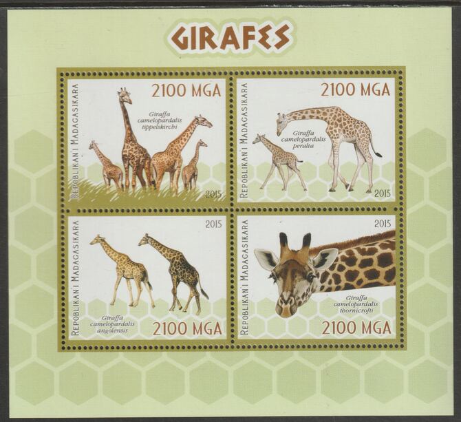 Madagascar 2015 Giraffes perf sheet containing four values unmounted mint, stamps on animals, stamps on giraffes