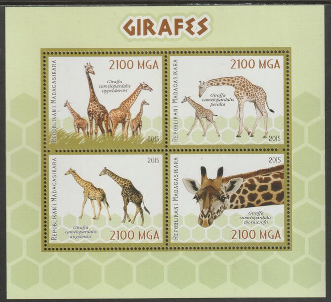 Madagascar 2015 Giraffes perf sheet containing four values unmounted mint, stamps on , stamps on  stamps on animals, stamps on  stamps on giraffes