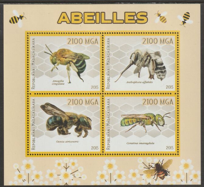 Madagascar 2015 Bees perf sheet containing four values unmounted mint, stamps on insects, stamps on bees