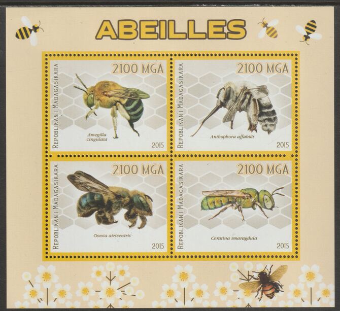 Madagascar 2015 Bees perf sheet containing four values unmounted mint, stamps on , stamps on  stamps on insects, stamps on  stamps on bees