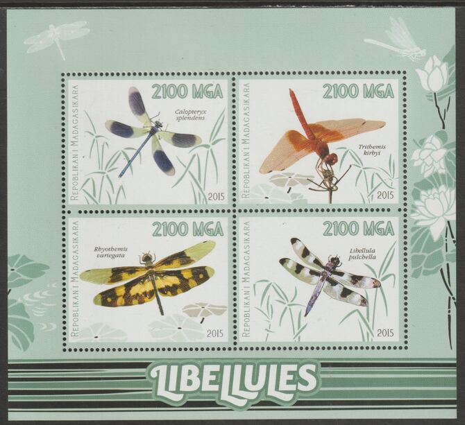Madagascar 2015 Dragonflies perf sheet containing four values unmounted mint, stamps on insects, stamps on dragonflies