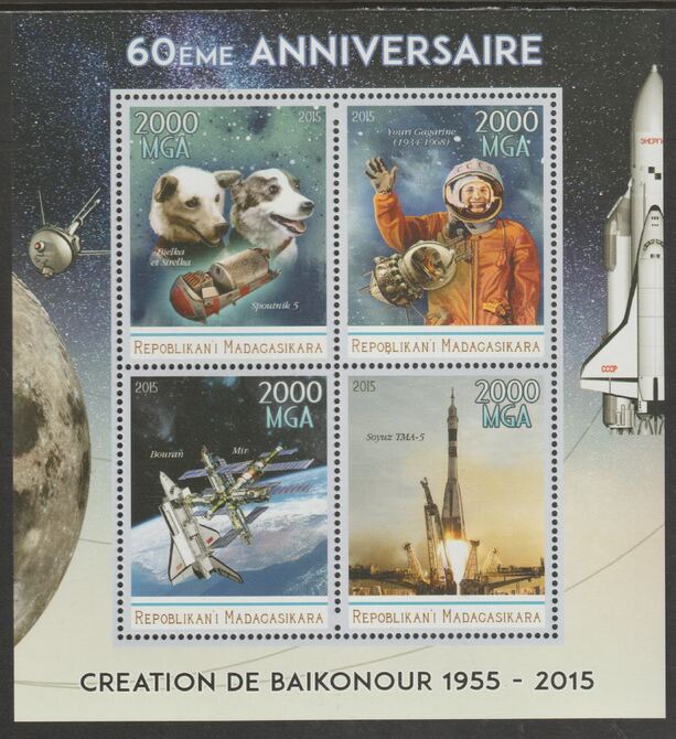 Madagascar 2015 Baikonour Spaceport 60th Anniversary perf sheet containing four values unmounted mint, stamps on , stamps on  stamps on space, stamps on  stamps on dogs, stamps on  stamps on rockets, stamps on  stamps on gagarin, stamps on  stamps on 