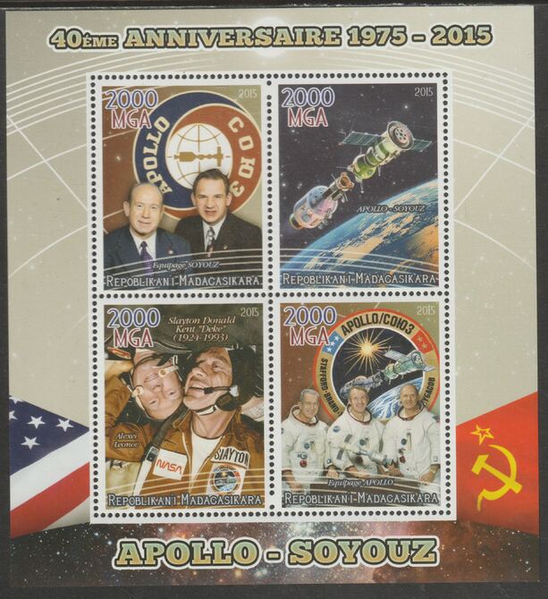 Madagascar 2015 Apollo-Soyuz 40th Anniversary perf sheet containing four values unmounted mint, stamps on , stamps on  stamps on space, stamps on  stamps on apollo, stamps on  stamps on soyuz