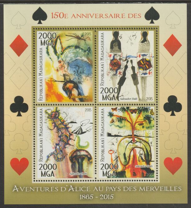 Madagascar 2015 Alice in Wonderland 150th Anniversary perf sheet containing four values unmounted mint, stamps on , stamps on  stamps on literature, stamps on  stamps on playing cards