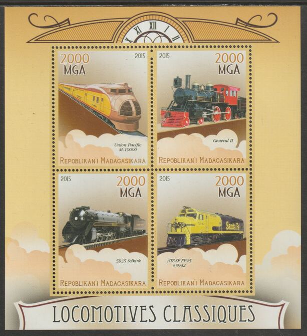 Madagascar 2015 Classic Locomotives perf sheet containing four values unmounted mint, stamps on railways, stamps on clocks