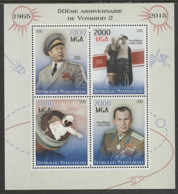 Madagascar 2015 Voskhod 2 - 50th Anniversary perf sheet containing four values unmounted mint, stamps on , stamps on  stamps on space, stamps on  stamps on voskhod