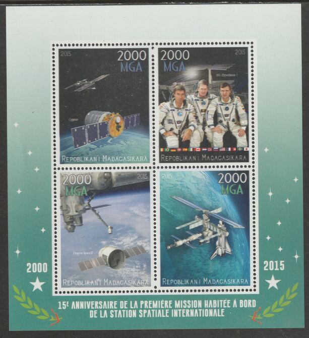 Madagascar 2015 International Space Station 15th Anniversary perf sheet containing four values unmounted mint, stamps on , stamps on  stamps on space, stamps on  stamps on  iss , stamps on  stamps on 