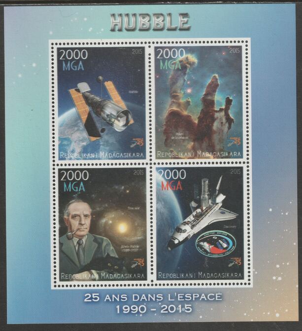 Madagascar 2015 Hubble Telescope 25th Anniversary perf sheet containing four values unmounted mint, stamps on space, stamps on hubble, stamps on telescopes, stamps on shuttle