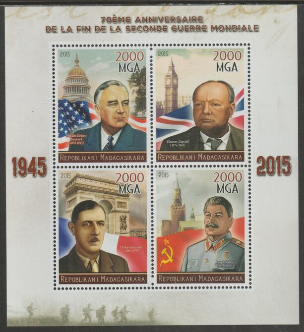 Madagascar 2015 End of WW2 - 70th Anniversary perf sheet containing four values unmounted mint, stamps on , stamps on  stamps on personalities, stamps on  stamps on churchill, stamps on  stamps on roosevelt, stamps on  stamps on stalin, stamps on  stamps on de gaulle, stamps on  stamps on  ww2 , stamps on  stamps on flags