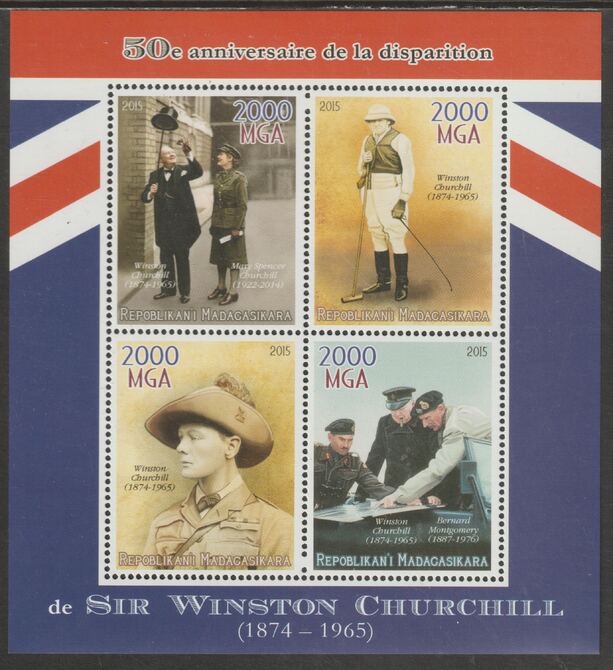 Madagascar 2015 Winston Chhurchill 50th Death Anniversary perf sheet containing four values unmounted mint, stamps on personalities, stamps on churchill, stamps on  ww2 , stamps on 