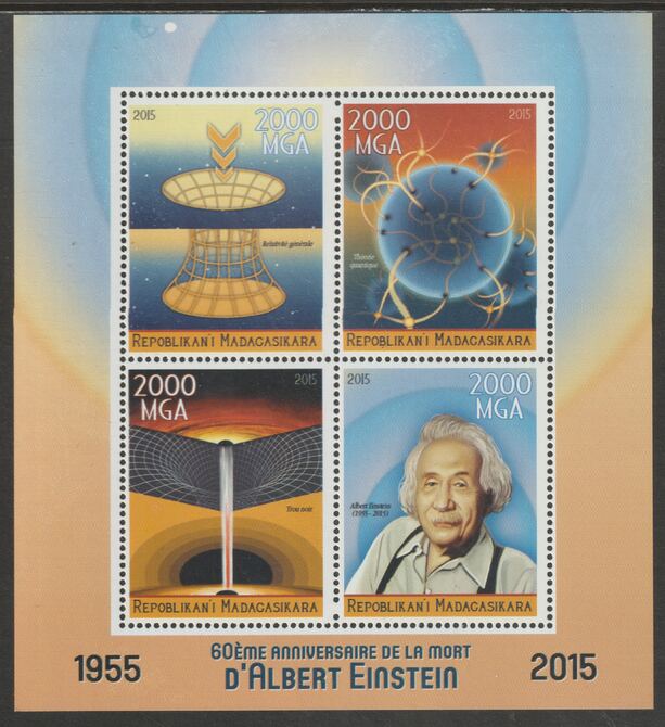 Madagascar 2015 Albert Einstein 60th Death Anniversary perf sheet containing four values unmounted mint, stamps on , stamps on  stamps on personalities, stamps on  stamps on einstein, stamps on  stamps on science, stamps on  stamps on pgysics, stamps on  stamps on 
