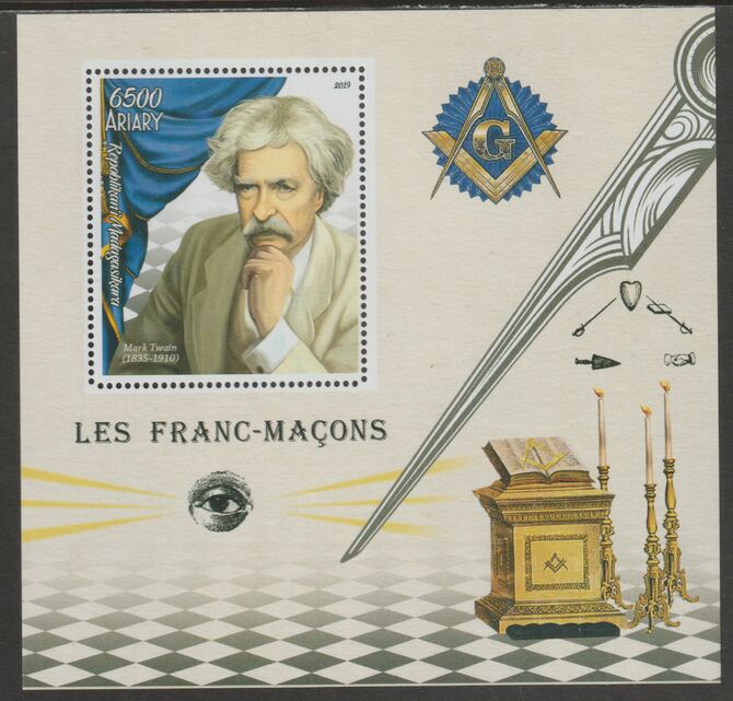 Madagascar 2019 Masons - Mark Twain perf m/sheet containing one value unmounted mint, stamps on personalities, stamps on masonics, stamps on twain