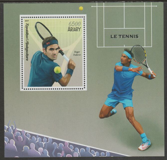 Madagascar 2019 Roger Federer perf m/sheet containing one value unmounted mint, stamps on , stamps on  stamps on personalities, stamps on  stamps on federer, stamps on  stamps on tennis