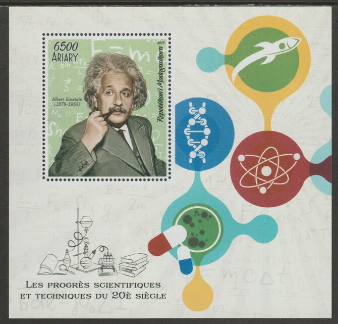 Madagascar 2019 Albert Einstein perf m/sheet containing one value unmounted mint, stamps on personalities, stamps on einstein.science, stamps on physics