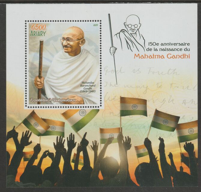 Madagascar 2019 Mahatma Gandhi perf m/sheet containing one value unmounted mint, stamps on , stamps on  stamps on personalities, stamps on  stamps on gandhi, stamps on  stamps on 