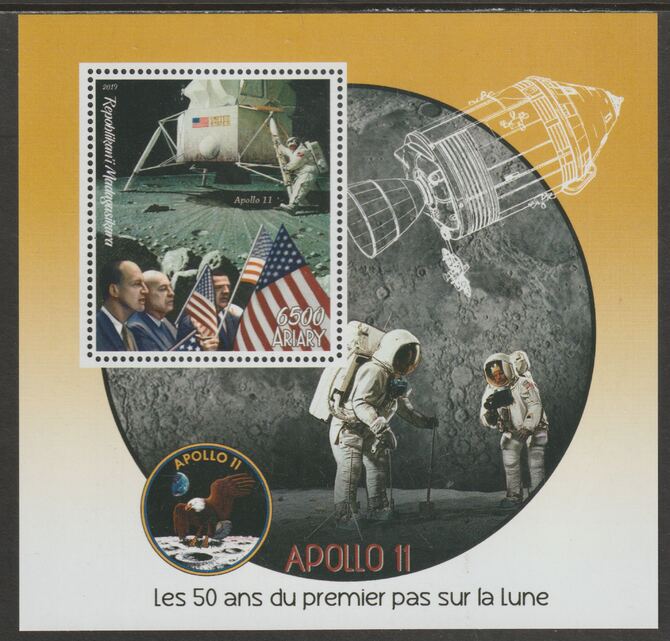 Madagascar 2019 Apollo 11 - 50th Anniversary perf m/sheet containing one value unmounted mint, stamps on , stamps on  stamps on space, stamps on  stamps on apollo, stamps on  stamps on 