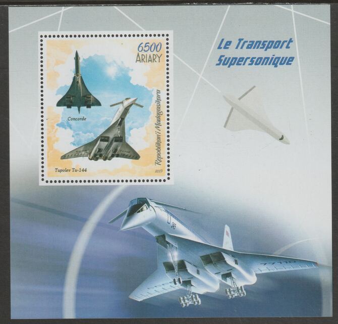 Madagascar 2019 Supersonic Airplanes perf m/sheet containing one value unmounted mint, stamps on , stamps on  stamps on aviation, stamps on  stamps on concorde, stamps on  stamps on tupolev