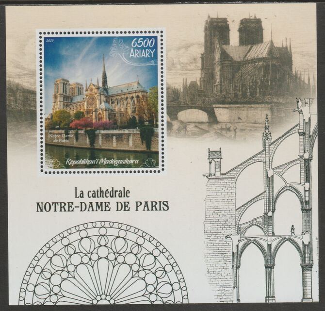Madagascar 2019 Notre Dame Cathedral perf m/sheet containing one value unmounted mint, stamps on notre dame, stamps on cathedrals