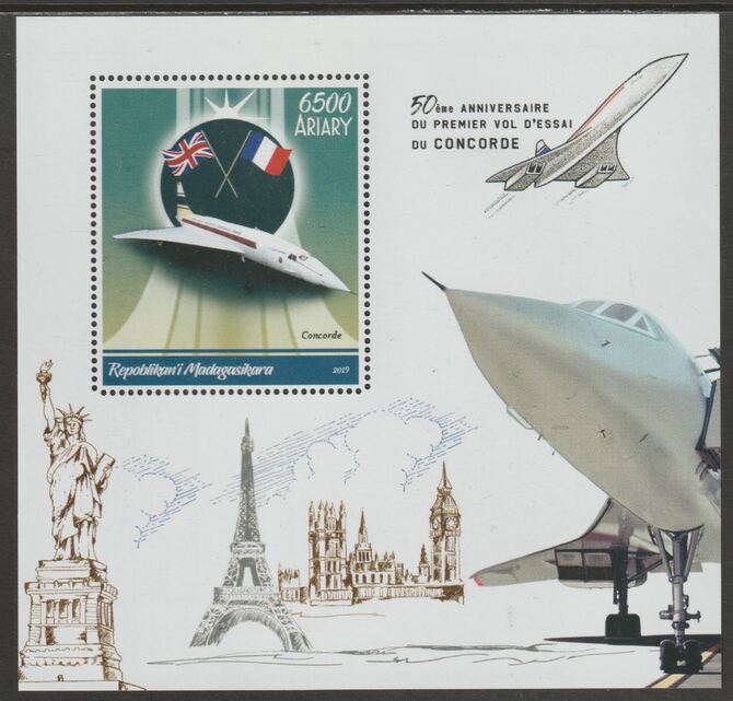 Madagascar 2019 Concorde - 50th Anniversary perf m/sheet containing one value unmounted mint, stamps on aviation, stamps on concorde, stamps on eiffel tower, stamps on statue of liberty, stamps on london