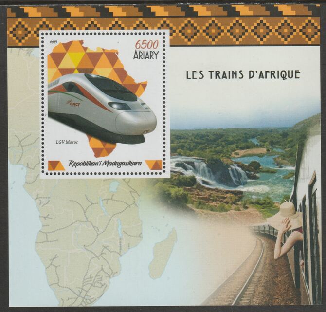 Madagascar 2019 African Trains perf m/sheet containing one value unmounted mint, stamps on railways, stamps on waterfalls, stamps on maps