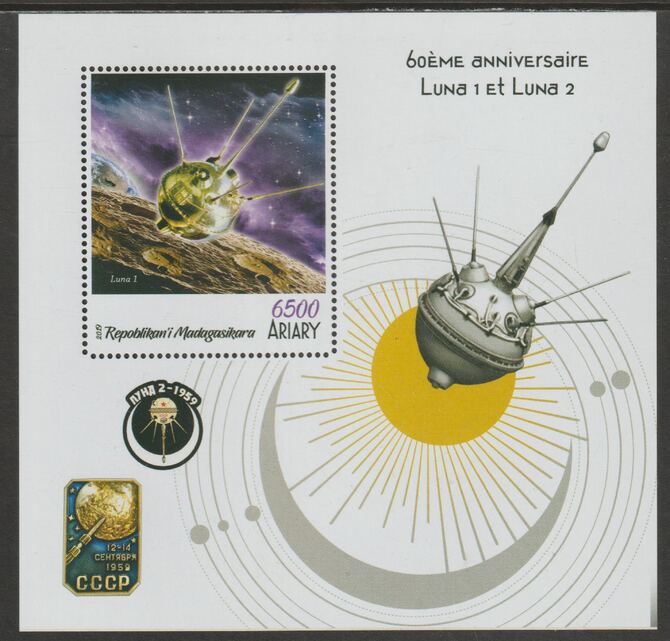 Madagascar 2019 Luna 2 - 60th Anniversary perf m/sheet containing one value unmounted mint, stamps on , stamps on  stamps on space, stamps on  stamps on 