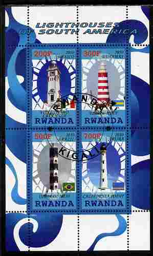 Rwanda 2010 Lighthouses of South America perf sheetlet containing 4 values fine cto used, stamps on lighthouses