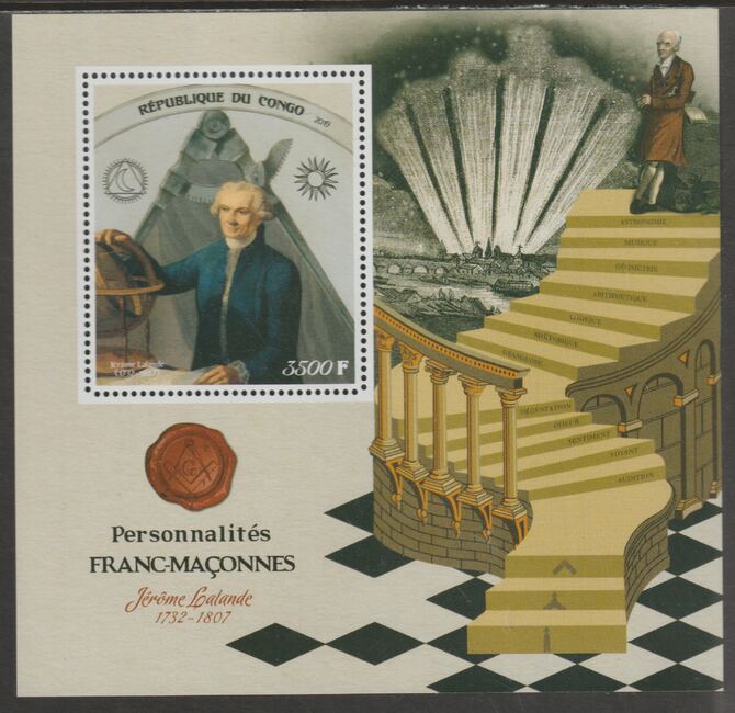 Congo 2019 Freemasons - Jerome Lelande perf sheet containing one value unmounted mint, stamps on personalities, stamps on masonics, stamps on lelande, stamps on astronomy