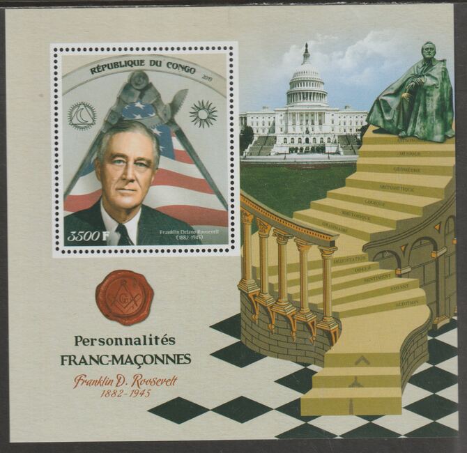 Congo 2019 Freemasons - Franklin D Roosevelt perf sheet containing one value unmounted mint, stamps on personalities, stamps on masonics, stamps on roosevelt, stamps on us presidents