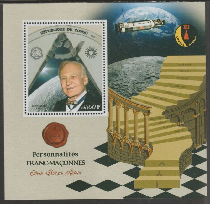 Congo 2019 Freemasons - Edwin Buzz Aldrin perf sheet containing one value unmounted mint, stamps on personalities, stamps on masonics, stamps on aldrin, stamps on space