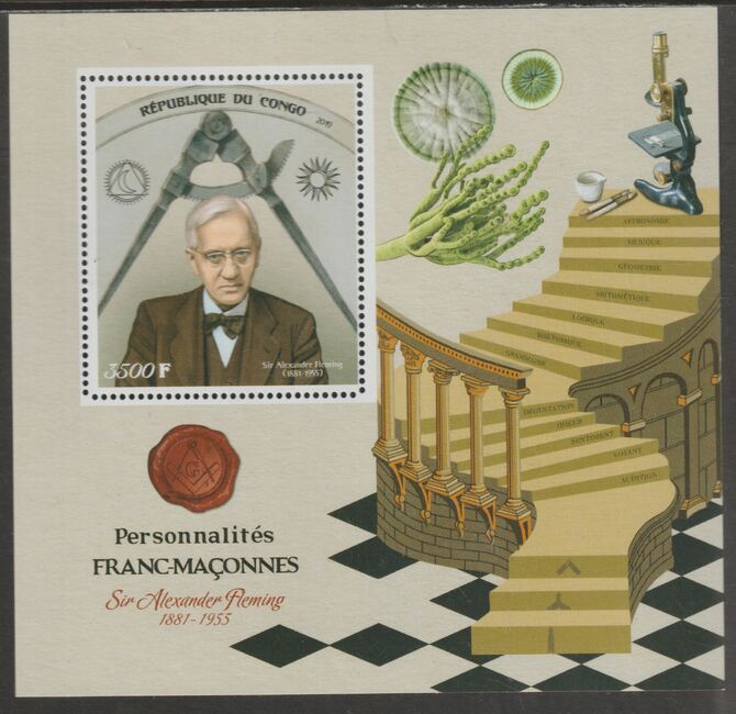 Congo 2019 Freemasons - Sir Alexander Fleming perf sheet containing one value unmounted mint, stamps on personalities, stamps on masonics, stamps on fleming, stamps on medical