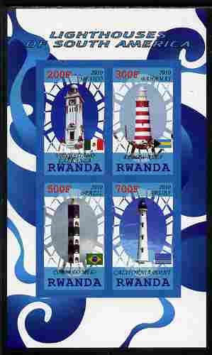 Rwanda 2010 Lighthouses of South America imperf sheetlet containing 4 values unmounted mint, stamps on , stamps on  stamps on lighthouses