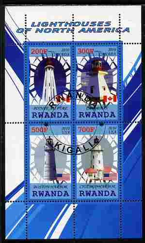 Rwanda 2010 Lighthouses of North America #1 perf sheetlet containing 4 values fine cto used, stamps on , stamps on  stamps on lighthouses