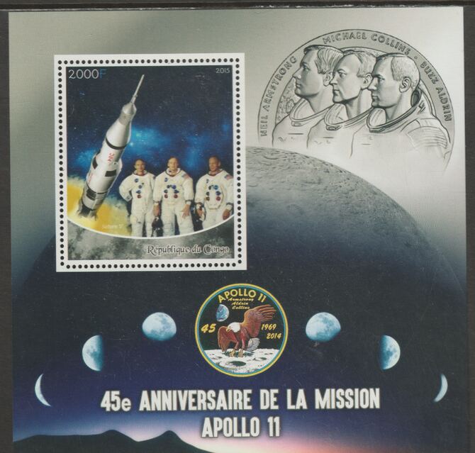 Congo 2015 Space - Apollo 11 - 45th Anniversary #1 perf sheet containing one value unmounted mint, stamps on space, stamps on apollo, stamps on rockets