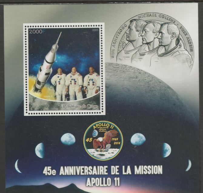 Congo 2015 Space - Apollo 11 - 45th Anniversary #1 perf sheet containing one value unmounted mint, stamps on , stamps on  stamps on space, stamps on  stamps on apollo, stamps on  stamps on rockets