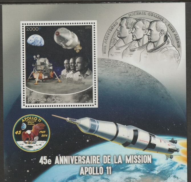 Congo 2015 Space - Apollo 11 - 45th Anniversary #2 perf sheet containing one value unmounted mint, stamps on space, stamps on apollo, stamps on rockets