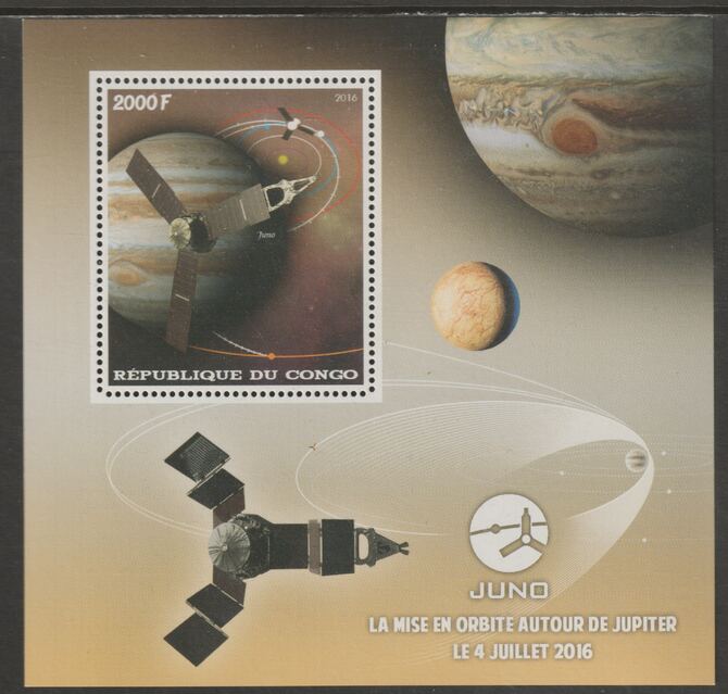 Congo 2016 Space Mission Juno #1 perf sheet containing one value unmounted mint, stamps on , stamps on  stamps on space, stamps on  stamps on juno, stamps on  stamps on 