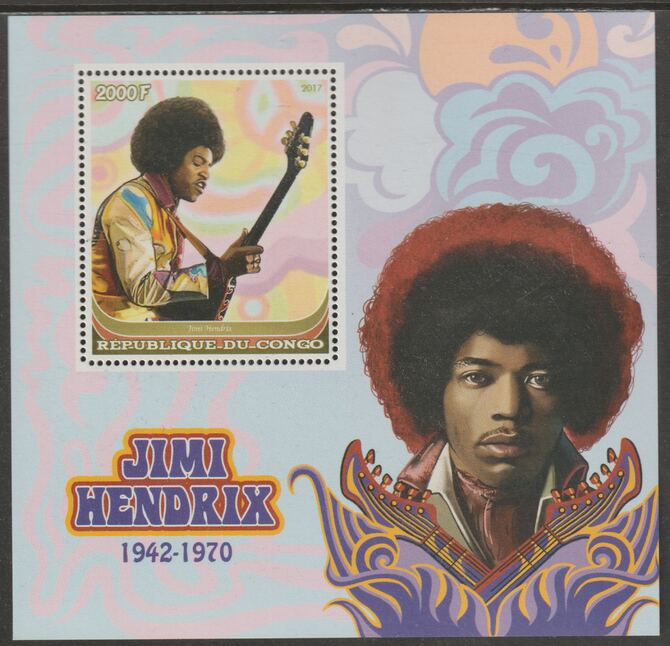 Congo 2017 Jimi Hendrix #2 perf sheet containing one value unmounted mint, stamps on , stamps on  stamps on personalities, stamps on  stamps on music, stamps on  stamps on pops, stamps on  stamps on rock, stamps on  stamps on hendrix