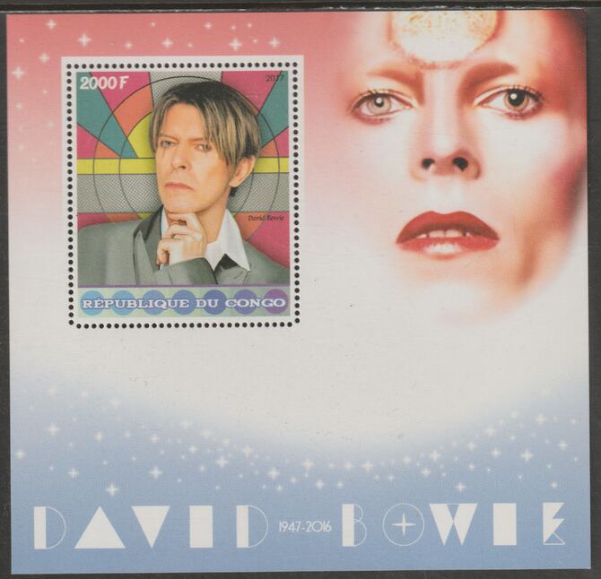 Congo 2017 David Bowie #2 perf sheet containing one value unmounted mint, stamps on personalities, stamps on music, stamps on pops, stamps on rock, stamps on bowie