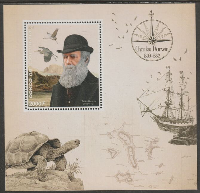Congo 2017 Charles Darwin #1 perf sheet containing one value unmounted mint, stamps on personalities, stamps on darwin, stamps on ships, stamps on turtles