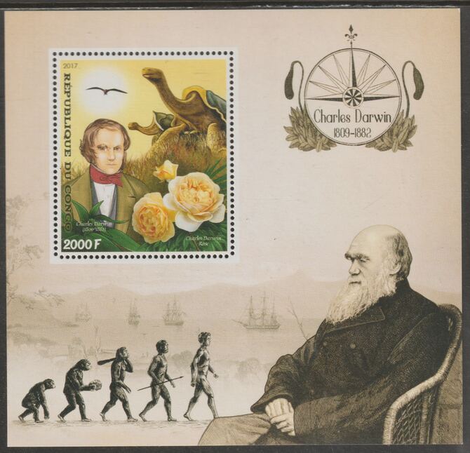 Congo 2017 Charles Darwin #2 perf sheet containing one value unmounted mint, stamps on personalities, stamps on darwin, stamps on turtles