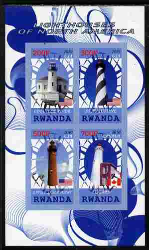 Rwanda 2010 Lighthouses of North America #2 imperf sheetlet containing 4 values unmounted mint, stamps on lighthouses