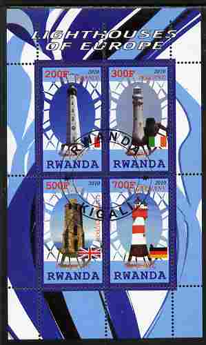 Rwanda 2010 Lighthouses of Europe #1 perf sheetlet containing 4 values fine cto used, stamps on lighthouses