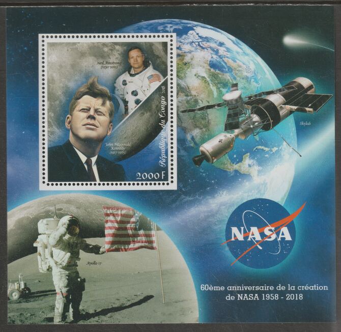 Congo 2018 NASA 60th Anniversary #1 perf sheet containing one value unmounted mint, stamps on space, stamps on nasa, stamps on kennedy